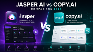 Jasper AI vs Copy.ai comparison 2026 showing AI marketing, content creation and workflow automation features